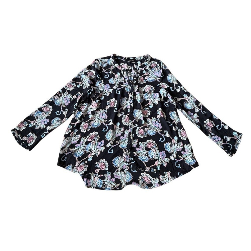 Melissa Paige Blouse Womens Size M Black Paisley Floral Tunic Long Sleeve career